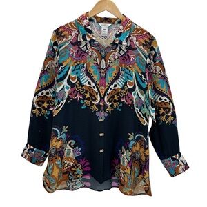 Multiples Baroque Scroll Floral Paisley Button Down Blouse Boho Statement Top M
